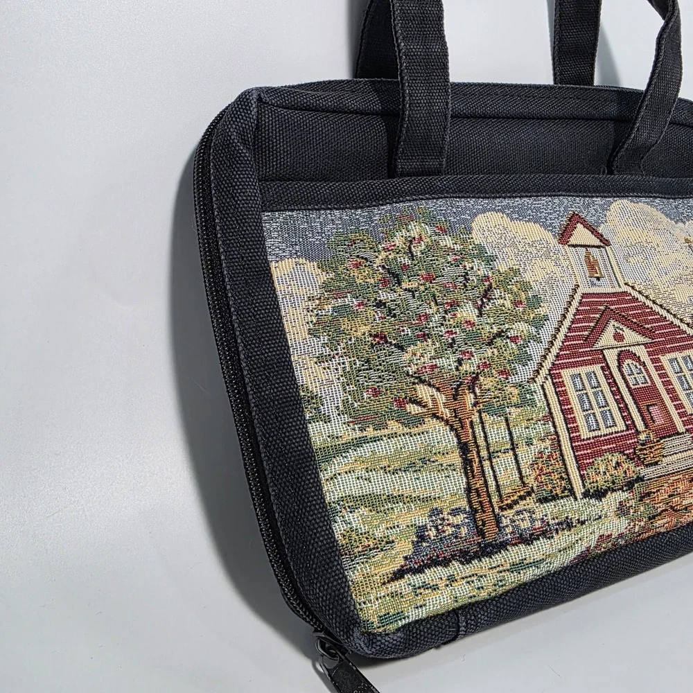 Vintage Black Canvas Needlepoint Bible Book Cover School House Handbag w/Handles